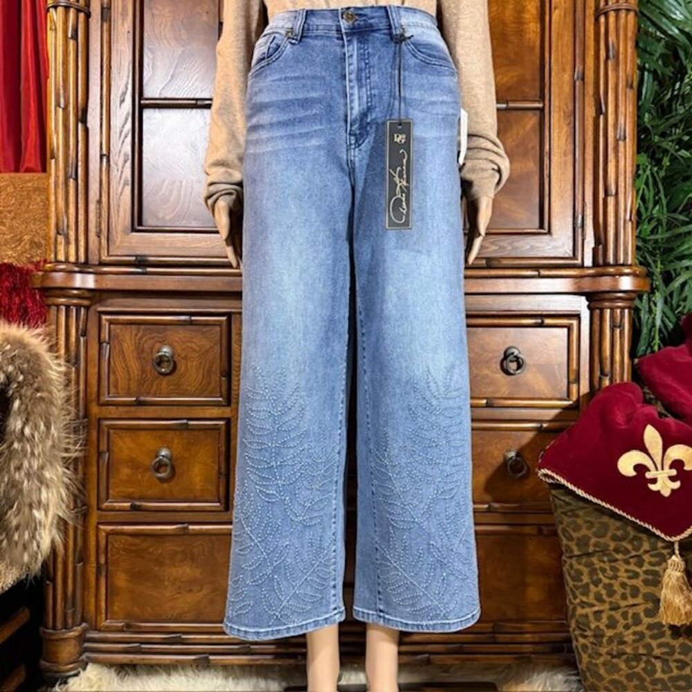 DG2 Antique Wash Palm Embroidered Wide Leg Ankle Jean - Tall